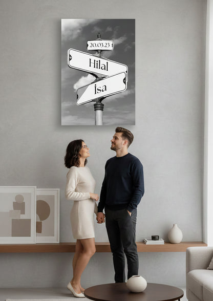 Tabela isimli kanvas tablo - 50x70 cm - İki kişi ve tarihli