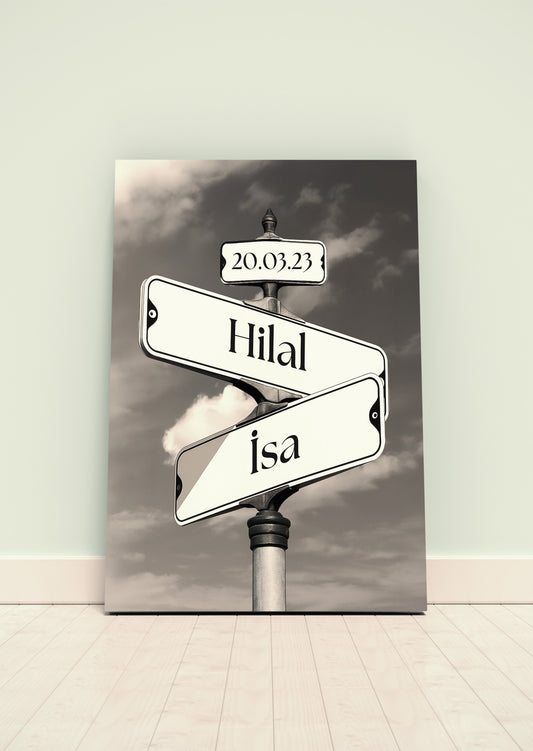 Tabela isimli kanvas tablo - 50x70 cm - İki kişi ve tarihli